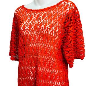 Vintage Fish Net Shirt Open Knit Tunic Mesh Orange